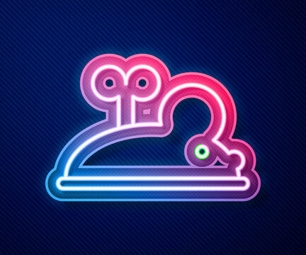 Glowing Neon Line Clockwork Mouse Icon Isolated On Blue Background. Wind Up Mouse Toy. Vector