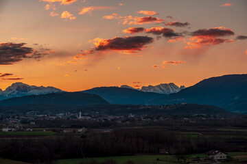 Winter colorful sunset in the countryside of Friuli-Venezia Giulia, Italy