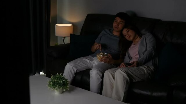 Happy young couple watching TV on sofa at night