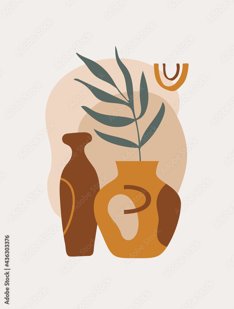 Poster modern abstract tropical wall art with various shapes, plant and doodle objects on pastel background