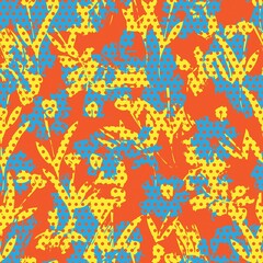 Orange Botanical Tropical Floral Seamless Pattern with dotted Background