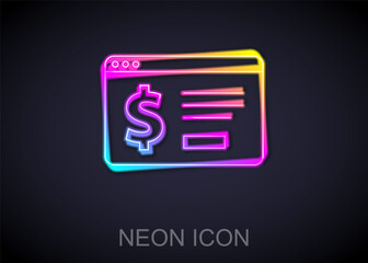 Glowing neon line Online banking with dollar icon isolated on black background. Sending money around the world, money transfer, financial transaction. Vector