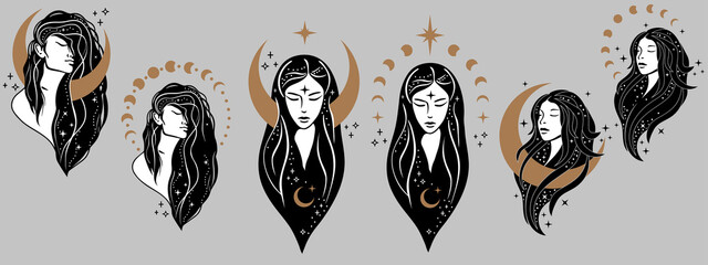 Beautiful females with moon. Moon goddess hand drawn illustrations. Bohemian goddess. Magic girl, witch with the moon, tarot cards, occult symbol, moon phases.