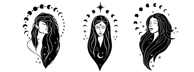 Beautiful females with moon. Moon goddess hand drawn illustrations. Bohemian goddess. Magic girl, witch with the moon, tarot cards, occult symbol, moon phases. - obrazy, fototapety, plakaty