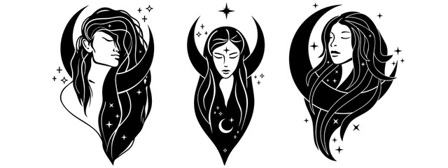 Beautiful females with moon. Moon goddess hand drawn illustrations. Bohemian goddess. Magic girl, witch with the moon, tarot cards, occult symbol, moon phases. © Юлия Мальцева