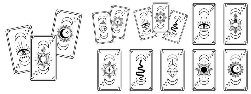 Magical tarot cards. Magic occult tarot cards, esoteric boho spiritual tarot reader. moon, crystal evil eye symbols vector illustration set. magic mystic esoteric minimalist concept logo