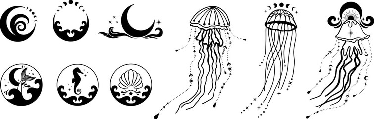 Ocean Witchy Magic illustrations. Sea and ocean witch symbols. Seashell, mermaid, seahorse, under the sea life. Water goddess set tattoo logo design