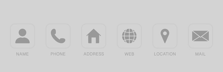 Business Card Contact Information Icon. Set of Contact Icons in square shapes. Communication symbol in Flat Style. Name, Address, Phone, Email, Website and Location Pictogram. Vector Illustration
