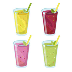 Colorful glasses of smoothies, bright vitamin drinks from vegetables and fruits, yellow, red, pink, green