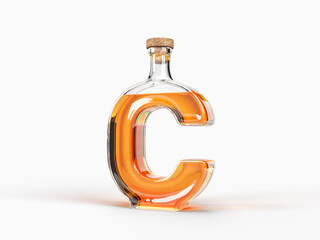 Letter C shaped bottle with whisky inside. 3d illustration, suitable for font, alcohol and drinking themes