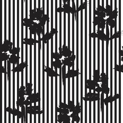 Obraz premium Black and White Botanical Floral Seamless Pattern with striped Background