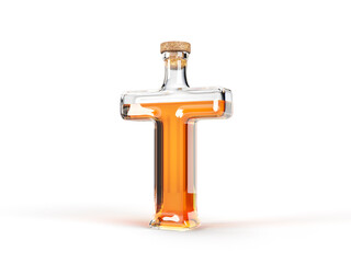 Letter T shaped bottle with whisky inside. 3d illustration, suitable for font, alcohol and drinking themes