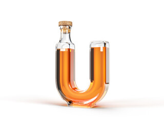Letter U shaped bottle with whisky inside. 3d illustration, suitable for font, alcohol and drinking themes