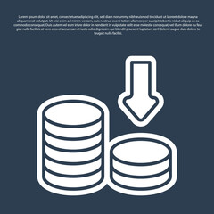 Blue line Dollar rate decrease icon isolated on blue background. Cost reduction. Money symbol with down arrow. Business lost crisis decrease. Vector