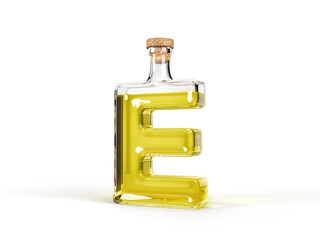 Letter E shaped bottle with olive oil inside. 3d illustration, suitable for cooking, alphabet and healthy eating themes