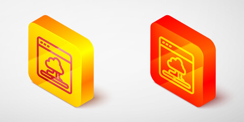 Isometric line Cloud technology data transfer and storage icon isolated on grey background. Yellow and orange square button. Vector