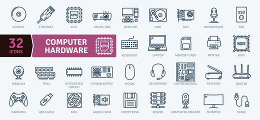 Fototapeta Computer Hardware and peripheral Icons Pack. Thin line icons set. Flat icon collection set. Simple vector icons obraz