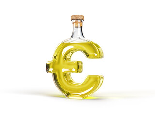 euro shaped bottle with olive oil inside. 3d illustration, suitable for cooking, alphabet and healthy eating themes