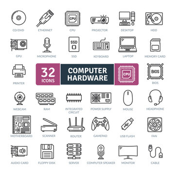 Computer Hardware and peripheral Icons Pack. Thin line icons set. Flat icon collection set. Simple vector icons