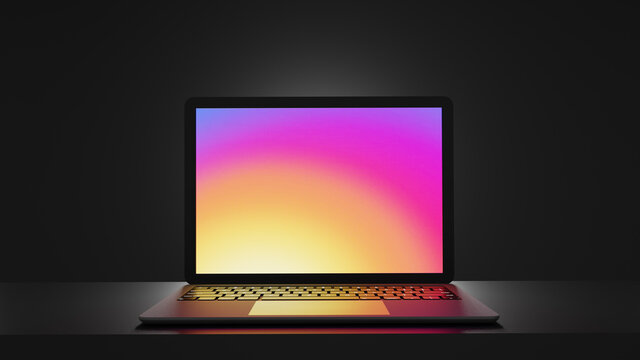 Laptop computer black color place on table with dark background. 3D illustration rendering image.