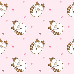 Seamless Pattern with Cute Cartoon Cat Illustration on Pink Background with Hearts