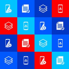 Set Setting on smartphone, Transfer files, Layers and Smartphone with upload icon. Vector