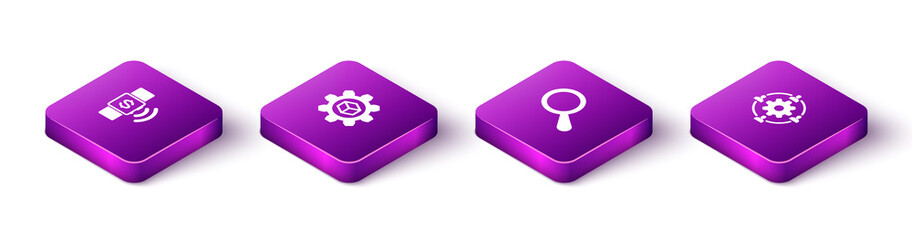 Set Isometric Contactless payment, Product development, Magnifying glass and Outsourcing concept icon. Vector