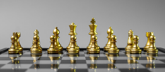 gold Chess figure team (King, Queen, Bishop, Knight, Rook and Pawn) on Chessboard against opponent during battle. Strategy, Success, management, business planning, think,education and leader concept