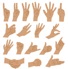 Hands and arms expressions. Hands sign big set, ok, help handshake and press touch, praying and meditation, numbers symbols