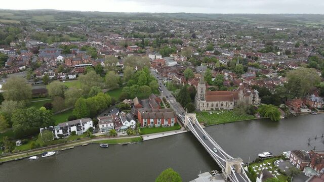 Marlow town Buckinghamshire on River Thames UK rising aerial footage 4K