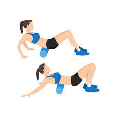 Obraz na płótnie Canvas Woman doing Foam roller lower back stretch exercise. Flat vector illustration isolated on white background