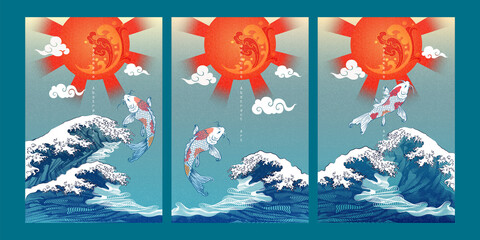 Abstract Art Japanese Simple KOI Carp Fish Jumping from Gradient Frequency Japan Torrential High Water Wave and Stain Texture on Blue Gradient Background Graphics Design Illustration Template