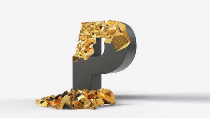 damaged black letter P reveals gold inside. 3d illustration, suitable for typewriting, letter, and alphabet themes.