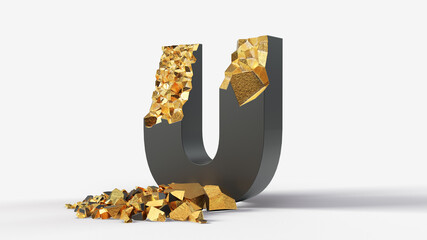 damaged black letter U reveals gold inside. 3d illustration, suitable for typewriting, letter, and alphabet themes.