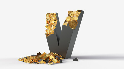 damaged black letter V reveals gold inside. 3d illustration, suitable for typewriting, letter, and alphabet themes.