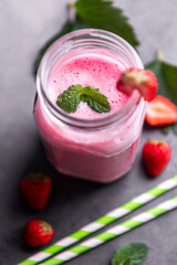 Glass of fresh strawberry shake smoothie. strawberry smoothie with fresh strawberries