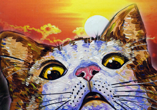meaow , Hand drawn Modern , Art painting Oil color ,  surprised  cat  , Palette and paintbrush ,from gallery in Thailand