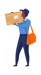 Postman shipping parcel. Express delivery concept. Post office worker carries box. Courier holding letter. Isolated messenger brings correspondence. Vector postal employee with mail