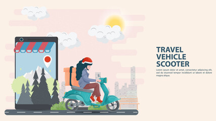 Illustration in flat style cartoon for design decoration a girl travels on a scooter along the route indicated in the mobile phone