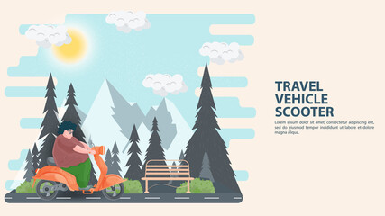 Illustration in flat style cartoon for the design of a man a man with overweight obesity traveling on a scooter against the background of the forest and mountains