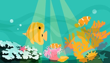 Naklejka na ściany i meble Coral reef underwater life, clown fish, butterfly fish, corals, shells, sea anemone. Turquoise orange. Background, substrate, banner. Vector EPS10