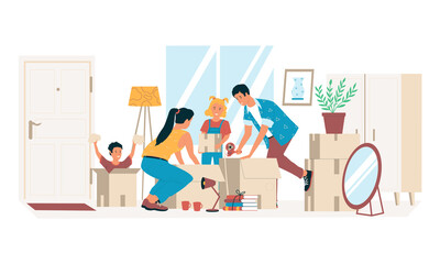 People packing boxes. Family moving to new house or apartment. Parents and children relocating. Couple with kids leaving home. Vector characters put furniture and stuff into packages