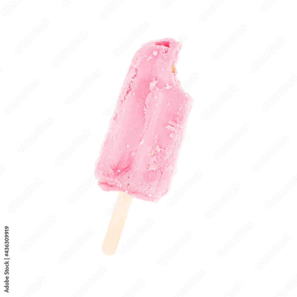 Wall mural  strawberry pink ice cream a bite isolated white background.