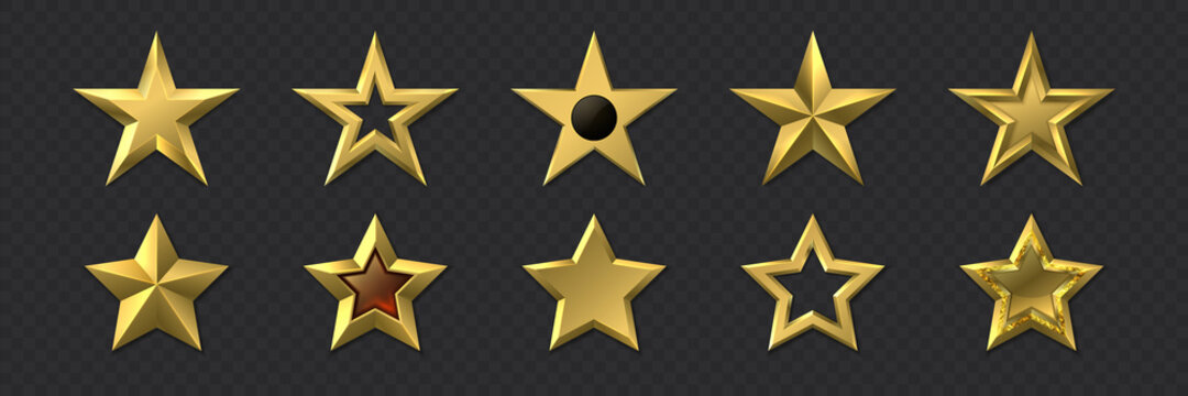 Realistic golden stars. 3D metal luxury awards. Shiny gold marks and review symbols. Metallic badges set of best quality or victory. Yellow pentagram. Rating icons. Vector decoration