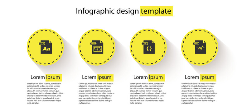 Set OTF file document, BMP, JS and MP3. Business infographic template. Vector