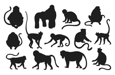 Monkeys silhouette. Hanging and jumping black apes. Various types of primates. Exotic animals set. Exotic rainforest fauna. Contour mammals with tails. Vector templates for zoo logo