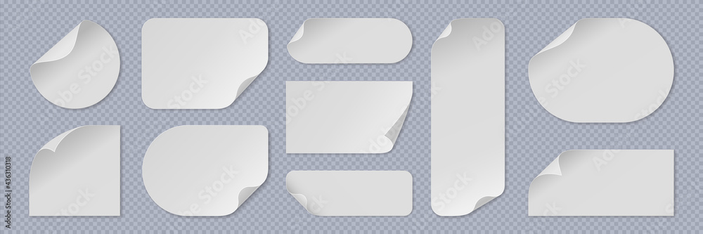 Poster Curled paper sticker. Realistic white advertisement sheets with rolled corner. Curved round and square 3D notes with copy space. Blank pages set on transparent background. Vector labels