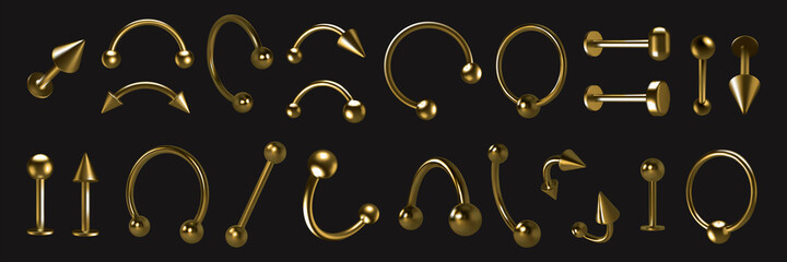 Golden piercing. Realistic luxury metallic body decoration with cones and balls. 3D earrings set. Pierce rings or barbells. Isolated metal jewelry. Vector accessories with light reflection