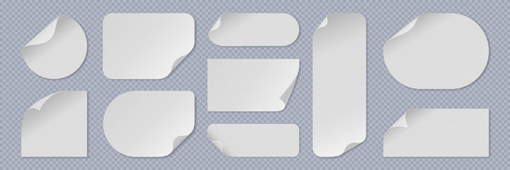 Curled paper sticker. Realistic white advertisement sheets with rolled corner. Curved round and square 3D notes with copy space. Blank pages set on transparent background. Vector labels