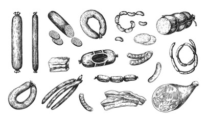 Hand drawn sausage. Engraved meat food. Isolated jamon and bacon. Pork bologna chorizo or mortadella. Ham and salami slices. Butchery products set. Tasty meal. Vector delicious snacks - obrazy, fototapety, plakaty